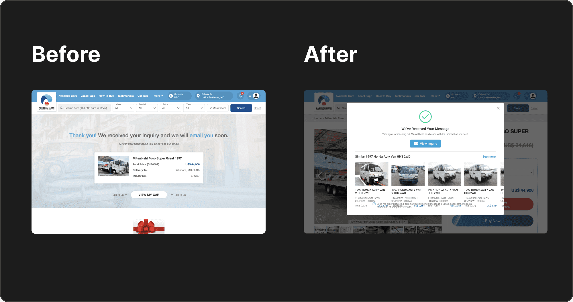 Trước và sau màn hình sau khi gửi: trang cảm ơn riêng có thẻ thông tin xe và nút “View my car” được thay bằng popup có dấu tích, nút “View inquiry” và dải xe gợi ý.