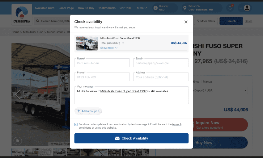 Popup mới “Check availability”: một dòng thông tin xe với tổng giá C&F, bốn ô liên hệ, ô tin nhắn điền sẵn câu hỏi về xe, nút “Add a coupon” và nút xanh đậm gửi yêu cầu.