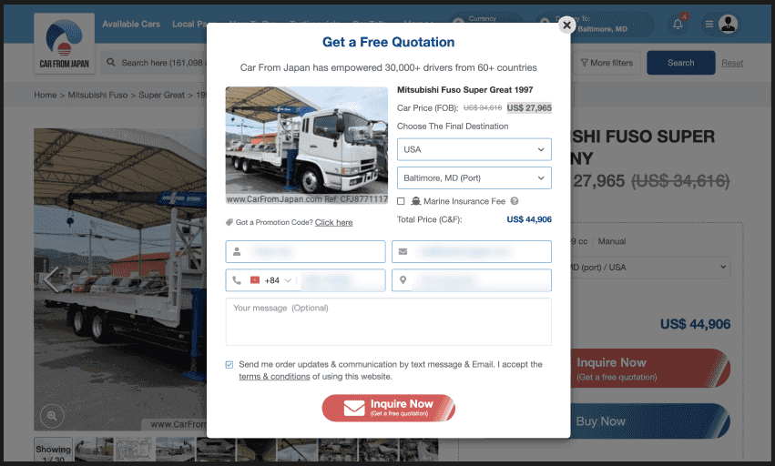 Popup cũ “Get a Free Quotation”: câu giới thiệu công ty, giá FOB, ô chọn quốc gia và cảng, bảo hiểm, mã khuyến mãi, bốn ô liên hệ, ô tin nhắn và nút đỏ “Inquire Now”.
