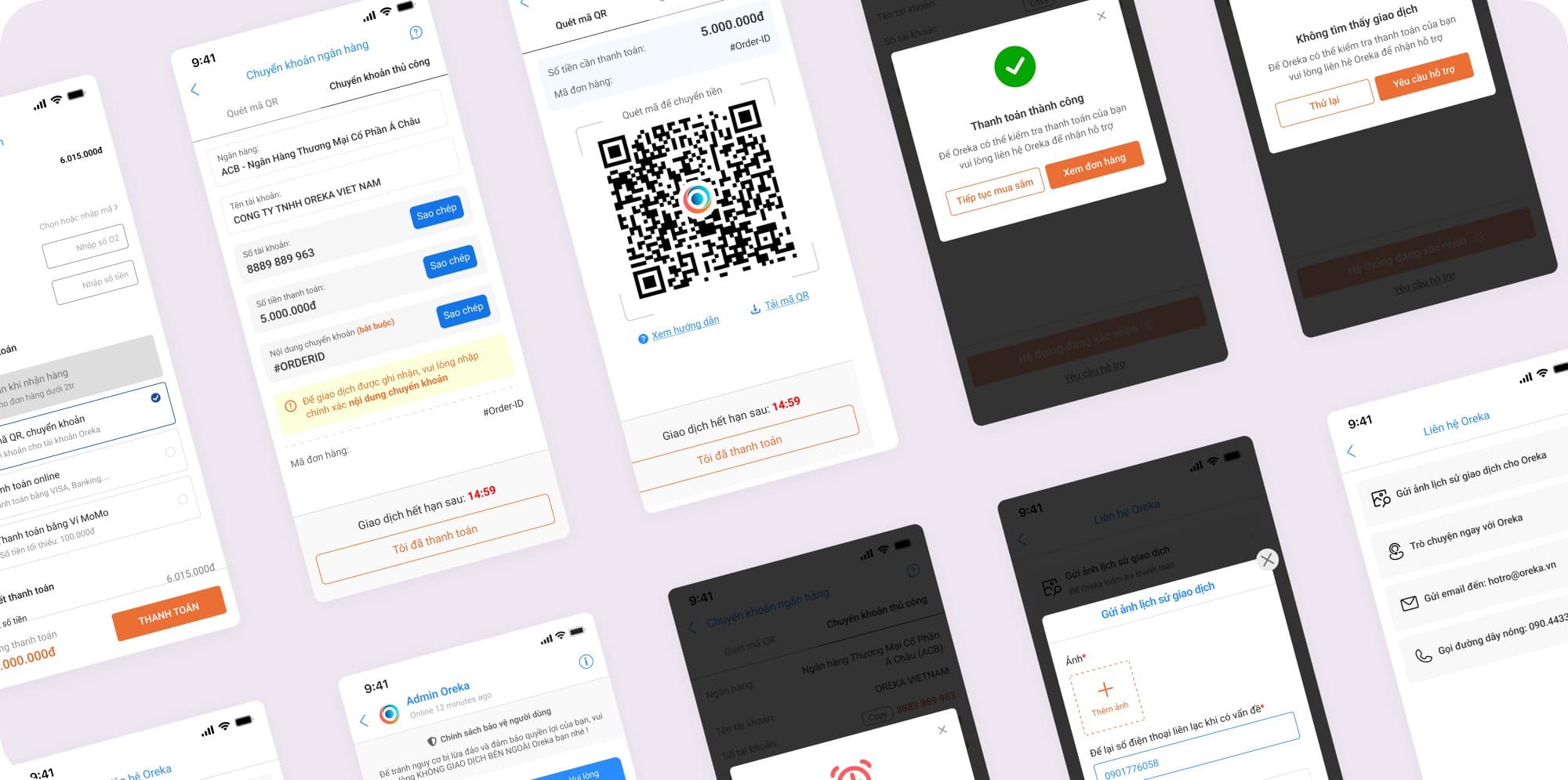 Ảnh ghép các màn trong luồng QR, gồm hộp thoại Không tìm thấy giao dịch với nút Thử lại và Yêu cầu hỗ trợ, màn Liên hệ Oreka và màn gửi ảnh lịch sử giao dịch