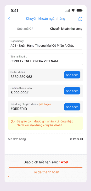 Tab chuyển khoản thủ công sau khi sửa: mỗi thông tin một ô có nhãn, nút Sao chép màu xanh, ô Ngân hàng hiện ACB và lời nhắc nội dung chuyển khoản bắt buộc