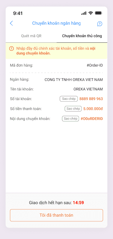 Tab chuyển khoản thủ công trước khi sửa: thông tin xếp thành dòng, nút sao chép viền xám nhỏ, ô Ngân hàng hiện tên công ty
